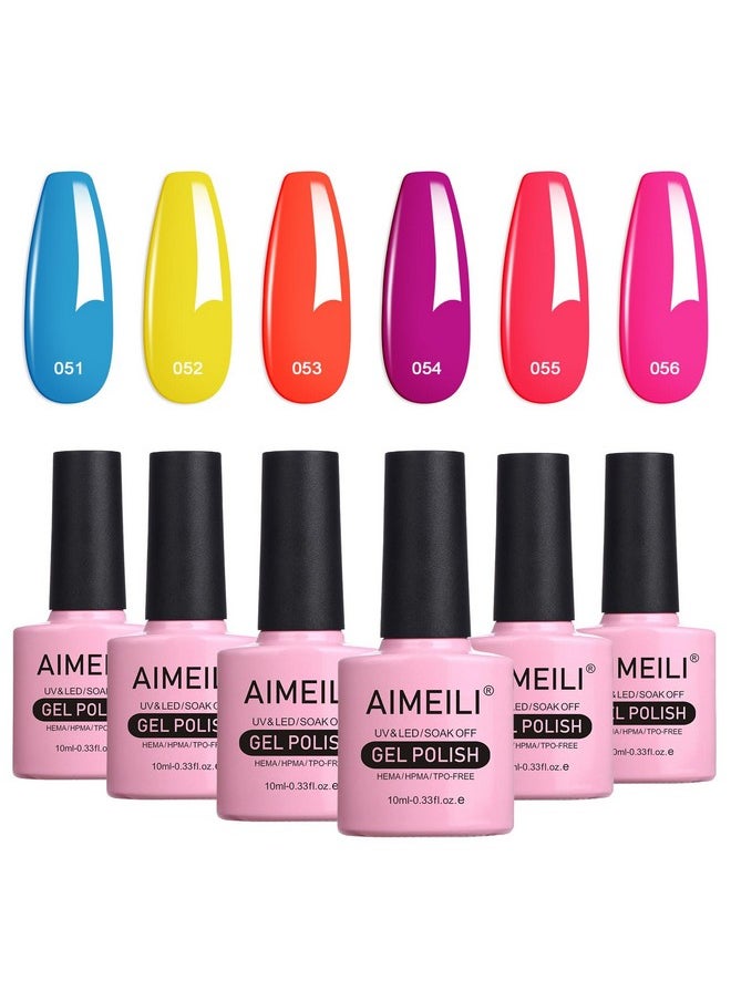 AIMEILI Hot Pink Neon Gel Nail Polish Soak Off Summer Yellow Gel Nail Lacquer, Neon Pink Neon Orange Blue Purple Nail Polish Color Gel Set Of 6pcs X 10ml - Kit Set 11