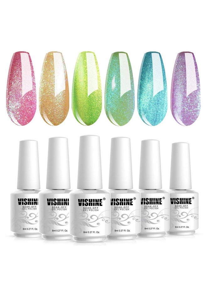 Vishine Gel Nail Polish Kit, The Hologram Collection Nail Art 6 Colors Holographic Pink Golden Green Lime Blue Purple Soak Off Nail Lamp Gel Polish Set DIY Manicure 8ml
