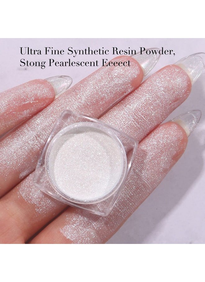 PrettyDiva White Pearl Chrome Nail Powder - 2 Colors Pearl Nail Powder Ice Transparent Aurora Chrome Nail Powder, High Gloss Pearlescent Iridescent Glitters Powder Metallic Pigment for Nails