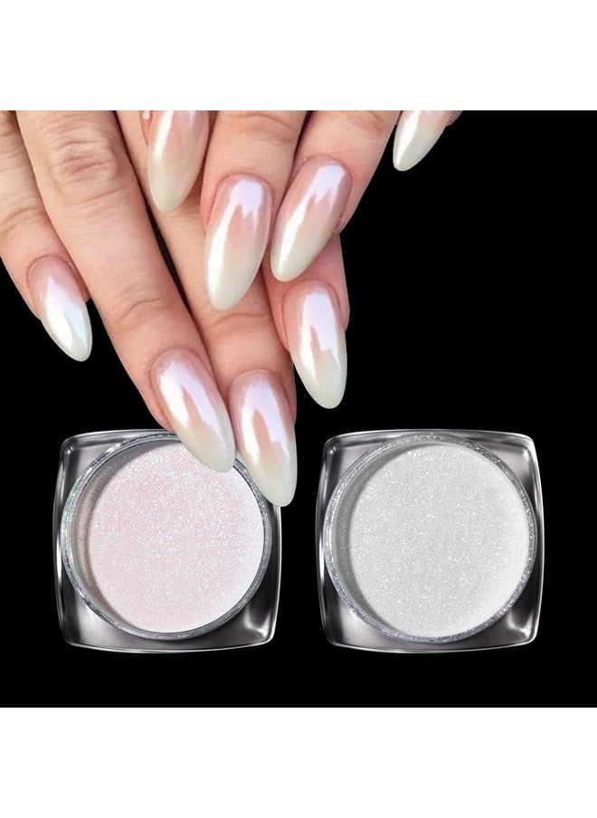 PrettyDiva White Pearl Chrome Nail Powder - 2 Colors Pearl Nail Powder Ice Transparent Aurora Chrome Nail Powder, High Gloss Pearlescent Iridescent Glitters Powder Metallic Pigment for Nails