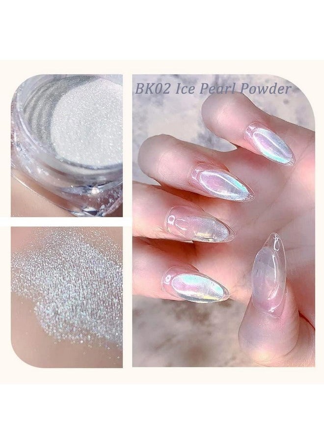 PrettyDiva White Pearl Chrome Nail Powder - 2 Colors Pearl Nail Powder Ice Transparent Aurora Chrome Nail Powder, High Gloss Pearlescent Iridescent Glitters Powder Metallic Pigment for Nails