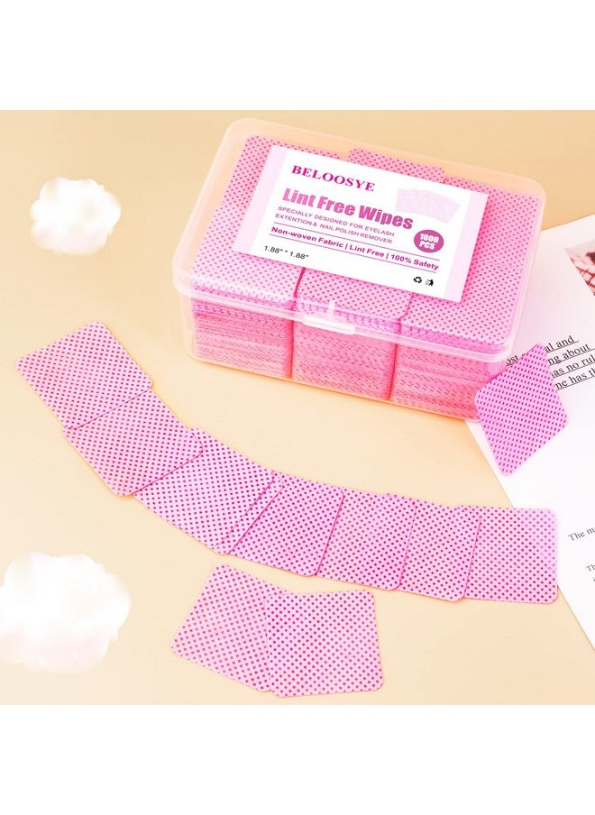 1000 PCS Lint Free Nail Wipes,Eyelash Extension Glue Wipes with Container,Super Absorbent Soft Non-Woven Fabric Lash Glue Wipes,Lint Free Wipe for Lash Extension Supplies & Nail Polish Remover-Pink