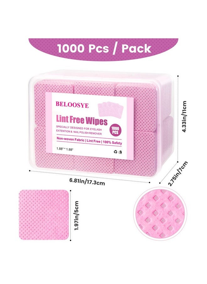 1000 PCS Lint Free Nail Wipes,Eyelash Extension Glue Wipes with Container,Super Absorbent Soft Non-Woven Fabric Lash Glue Wipes,Lint Free Wipe for Lash Extension Supplies & Nail Polish Remover-Pink