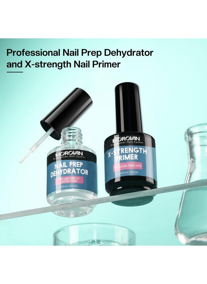 Morovan Nail Prep Dehydrator and Nail Primer X-strength, No Burn Non Acid Nail Primer and Dehydrator for Acrylic Powder Fast Dry 0.5oz Nail Primer Set