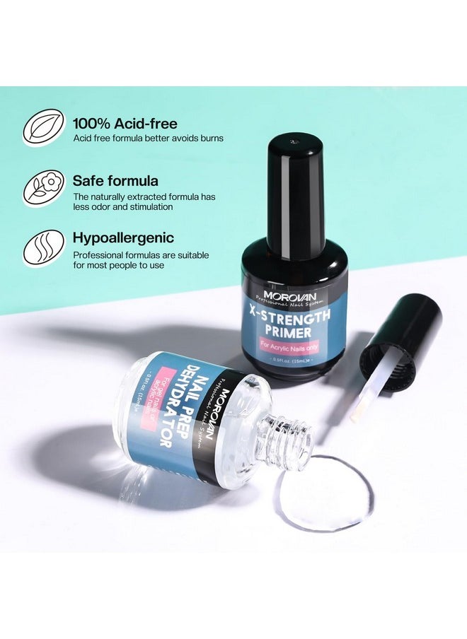 Morovan Nail Prep Dehydrator and Nail Primer X-strength, No Burn Non Acid Nail Primer and Dehydrator for Acrylic Powder Fast Dry 0.5oz Nail Primer Set