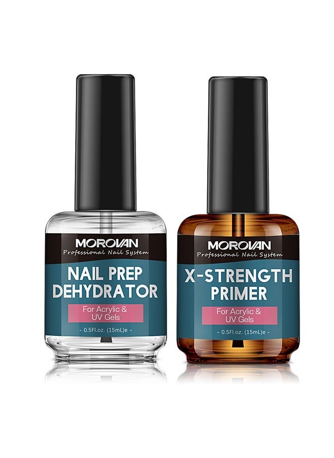 Morovan Nail Prep Dehydrator and Nail Primer X-strength, No Burn Non Acid Nail Primer and Dehydrator for Acrylic Powder Fast Dry 0.5oz Nail Primer Set