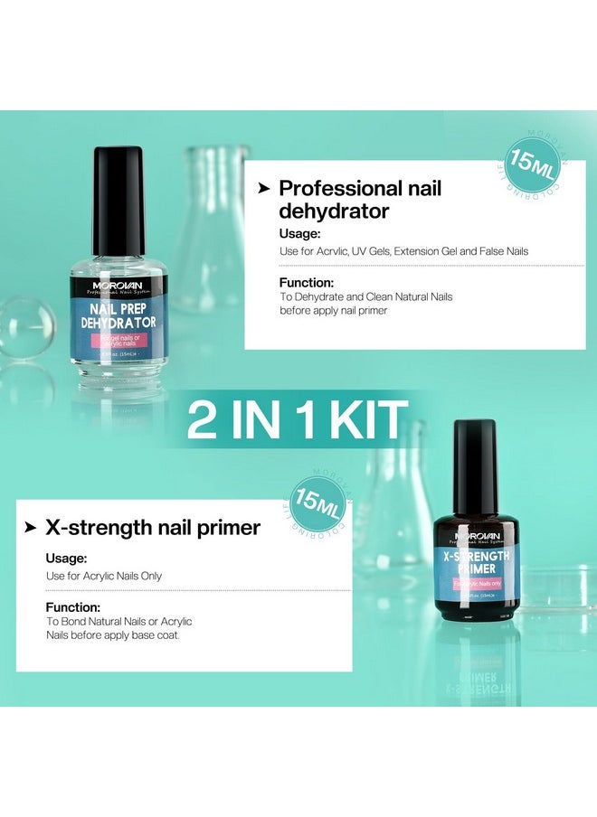 Morovan Nail Prep Dehydrator and Nail Primer X-strength, No Burn Non Acid Nail Primer and Dehydrator for Acrylic Powder Fast Dry 0.5oz Nail Primer Set