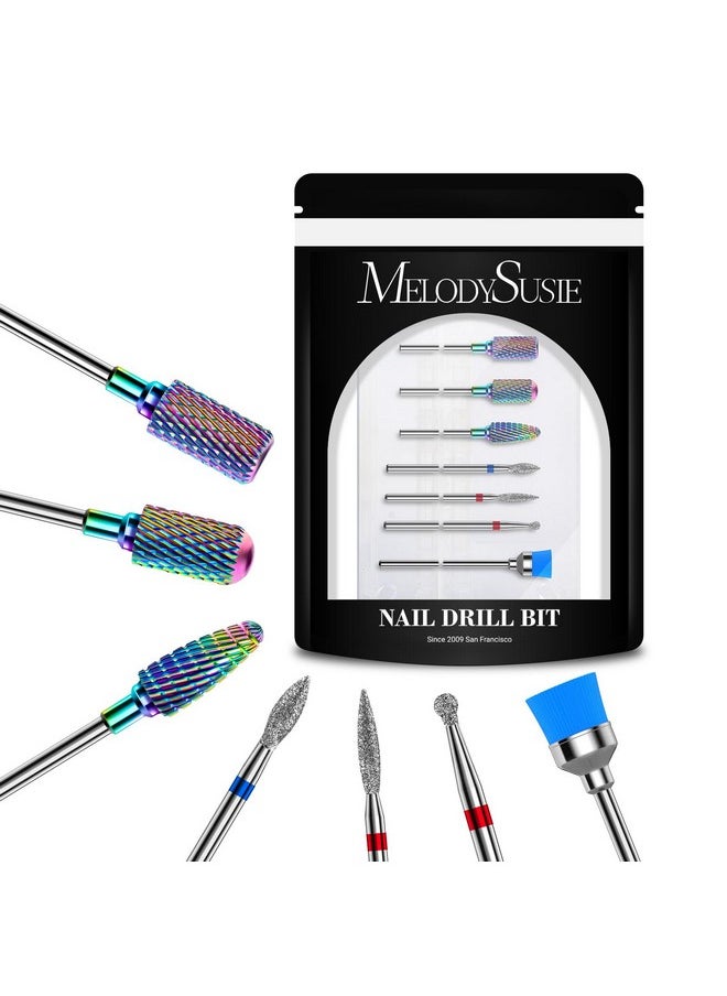 MelodySusie Nail Drill Bits Set, 7pcs Tungsten Carbide Diamond Nail Drill Bits for Acrylic Nails Poly Gel Cuticle Remove, 3/32'' Professional Nail Bits for Nail Drill Efile, Manicure Pedicure Tools