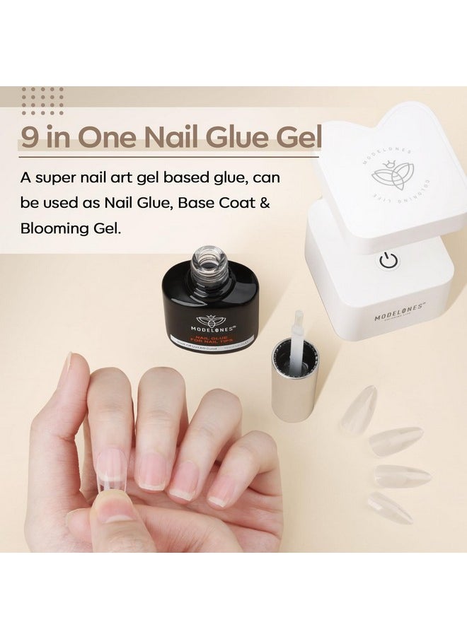 Modelones 9 in One Nail Glue Base Coat Nail Polish Set Brush On Gel Nail Glue 15 ml for Rhinestone, False Nails, Base Gel, Blooming Nail Art Gel Nail Kit for Acrylic Nails U V Lamp Needed
