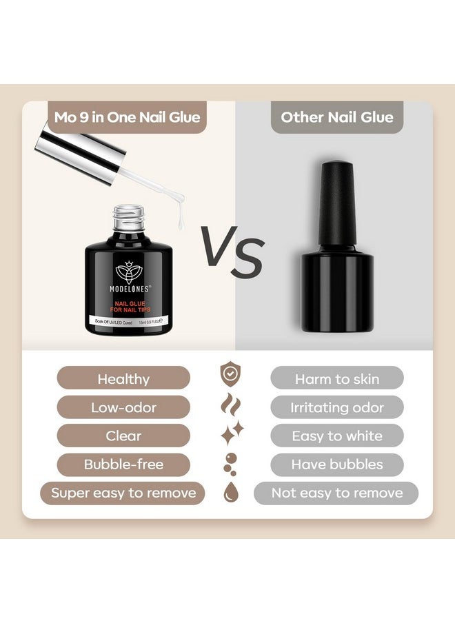 Modelones 9 in One Nail Glue Base Coat Nail Polish Set Brush On Gel Nail Glue 15 ml for Rhinestone, False Nails, Base Gel, Blooming Nail Art Gel Nail Kit for Acrylic Nails U V Lamp Needed