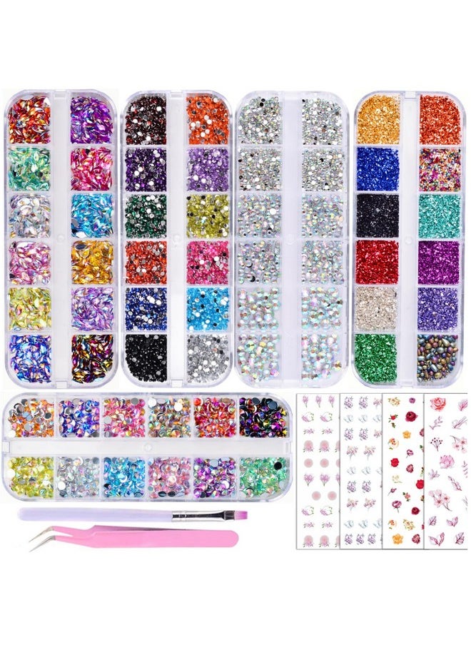 editTime 5 Boxes Shiny Colorful Nail Art Rhinestones Kit 3D Flatback Horse Eye Rhinestones Irregular Nail Stone and 4 Sheets Flower Nail Stickers with a Curved Tweezers and a Nail Brush (multicolor)