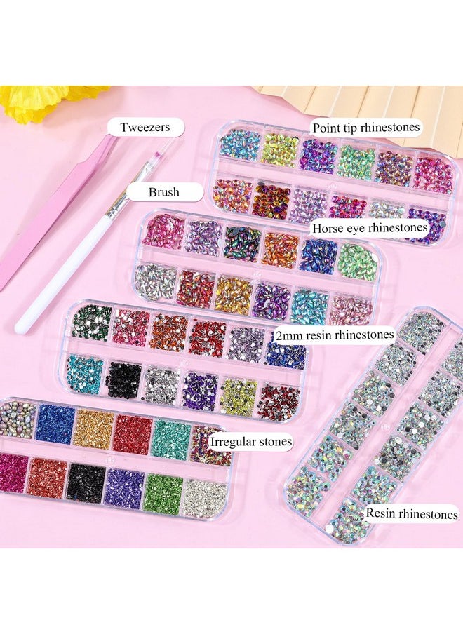 editTime 5 Boxes Shiny Colorful Nail Art Rhinestones Kit 3D Flatback Horse Eye Rhinestones Irregular Nail Stone and 4 Sheets Flower Nail Stickers with a Curved Tweezers and a Nail Brush (multicolor)
