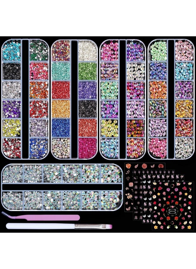 editTime 5 Boxes Shiny Colorful Nail Art Rhinestones Kit 3D Flatback Horse Eye Rhinestones Irregular Nail Stone and 4 Sheets Flower Nail Stickers with a Curved Tweezers and a Nail Brush (multicolor)