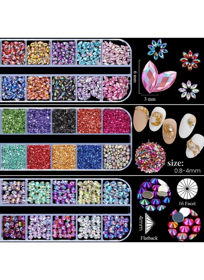 editTime 5 Boxes Shiny Colorful Nail Art Rhinestones Kit 3D Flatback Horse Eye Rhinestones Irregular Nail Stone and 4 Sheets Flower Nail Stickers with a Curved Tweezers and a Nail Brush (multicolor)