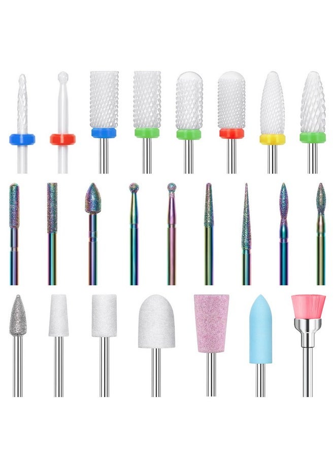 Modelones 24 Pcs Nail Drill Bit Set, 3/32” Ceramic Diamond Carbide Nail Drill Bits, Acrylic Gel Nail Bit Kit, Cuticle Remover Bits for Acrylic Gel Dip Powder Nail Manicure Pedicure