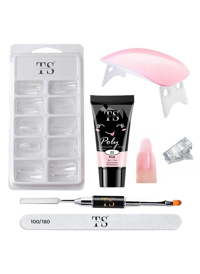 Poly Nail Extension Gel Kit for Builder Gel UV Nail Art Kit Nail Extension Set(1 Polygel Tube, 100 Clear Nails +1Buffer+2 Dual Ended Spatula + Nail Art Brush & Poly Nail Clips + Mini UV Lamp) (PINK)