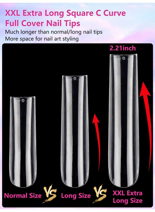 504PCS Clear Square Nail Tips for Acrylic Nails Professional, XXL/XXXL Extra Long Tapered Square Straight Acrylic Nail Tips, Full Cover No C Curve False Nail Extension Tips for Manicure Salon Nail Art