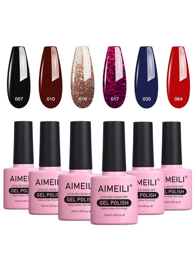 AIMEILI Gel Nail Polish Soak Off U V LED Gel Nail Lacquer, Black Wine Red Blue Glitter Color Gel Set Of 6pcs X 10ml - Kit Set 21