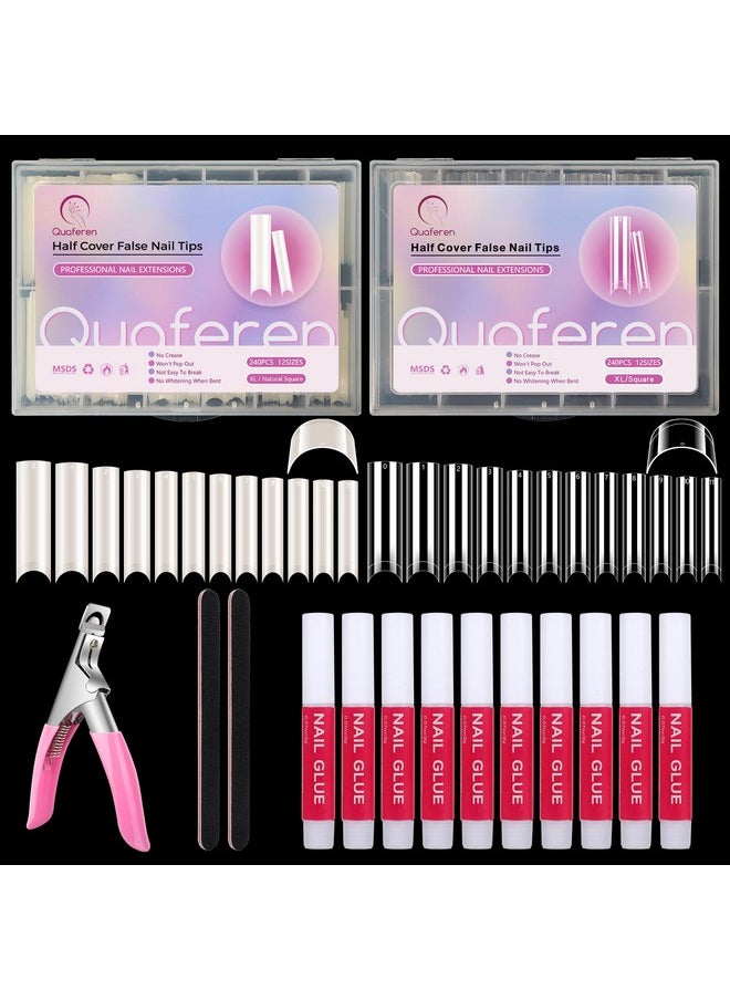 480PCS Extra Long C Curve Nail Tips and Glue, 2 Packs Natural and Clear Acrylic for Nails Professional Set, 12 Sizes Artificial Straight Square French False Nail Tips
