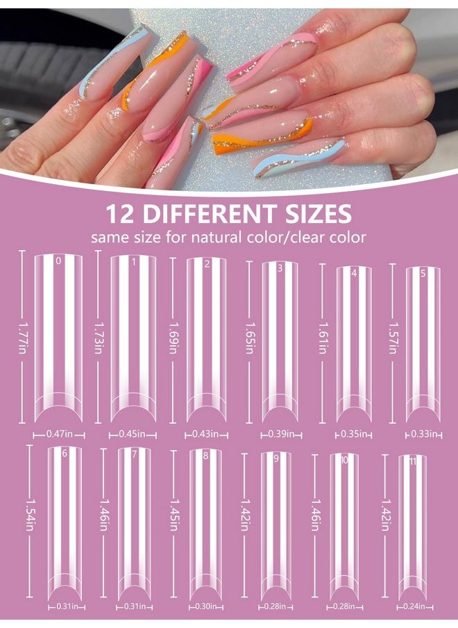 480PCS Extra Long C Curve Nail Tips and Glue, 2 Packs Natural and Clear Acrylic for Nails Professional Set, 12 Sizes Artificial Straight Square French False Nail Tips