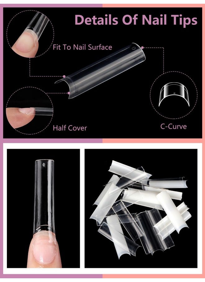 480PCS Extra Long C Curve Nail Tips and Glue, 2 Packs Natural and Clear Acrylic for Nails Professional Set, 12 Sizes Artificial Straight Square French False Nail Tips