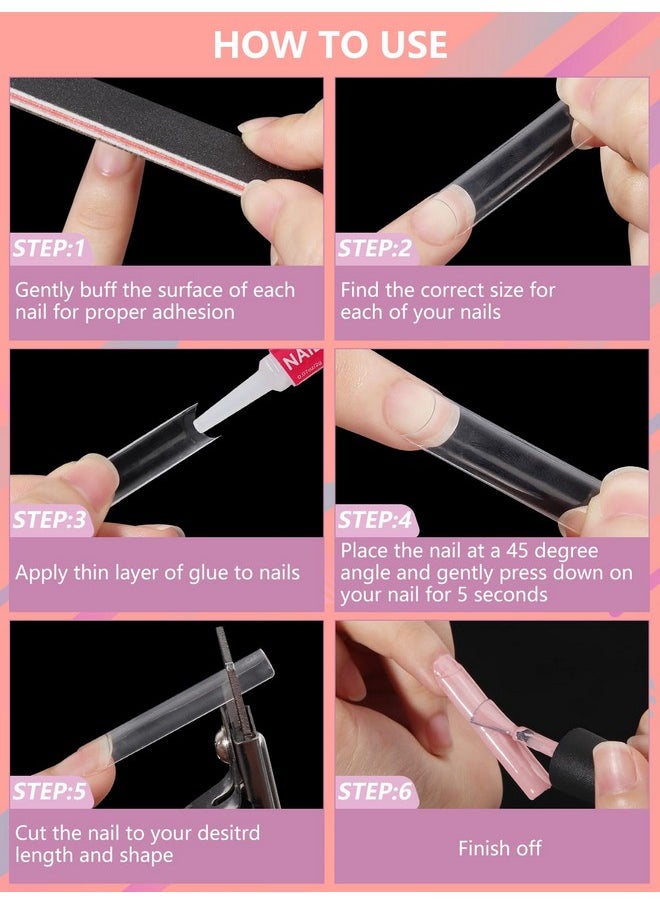 480PCS Extra Long C Curve Nail Tips and Glue, 2 Packs Natural and Clear Acrylic for Nails Professional Set, 12 Sizes Artificial Straight Square French False Nail Tips