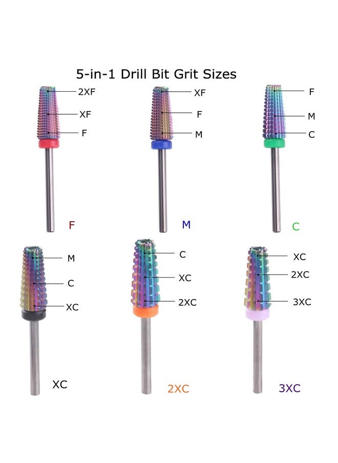 MZCMSL 5 in 1 Carbide Nail Drill Bit for Removing Acrylic or Gel, Both Left and Right Handed - Two Way Rotate Use,3/32 Shank efile Bit (Fine,Multicolor)