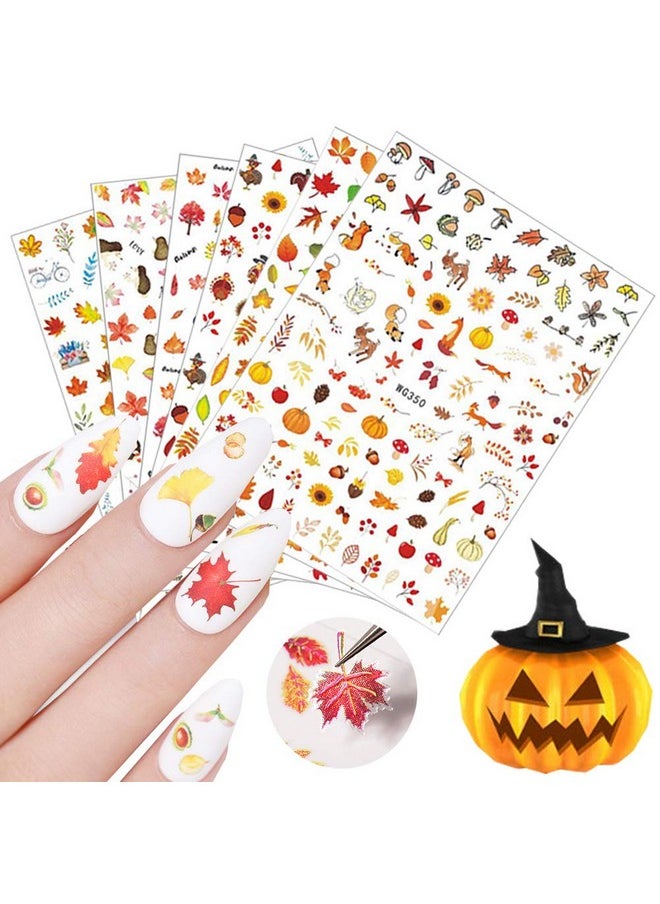 6 Sheets Autumn Nail Art Stickers 3D Fall Nail Decals Self-Adhesive Pumpkin Squirrel Turkey Maple Leaves Nail Art Supplies Thanksgiving Manicure Design Nail Decorations Accessories