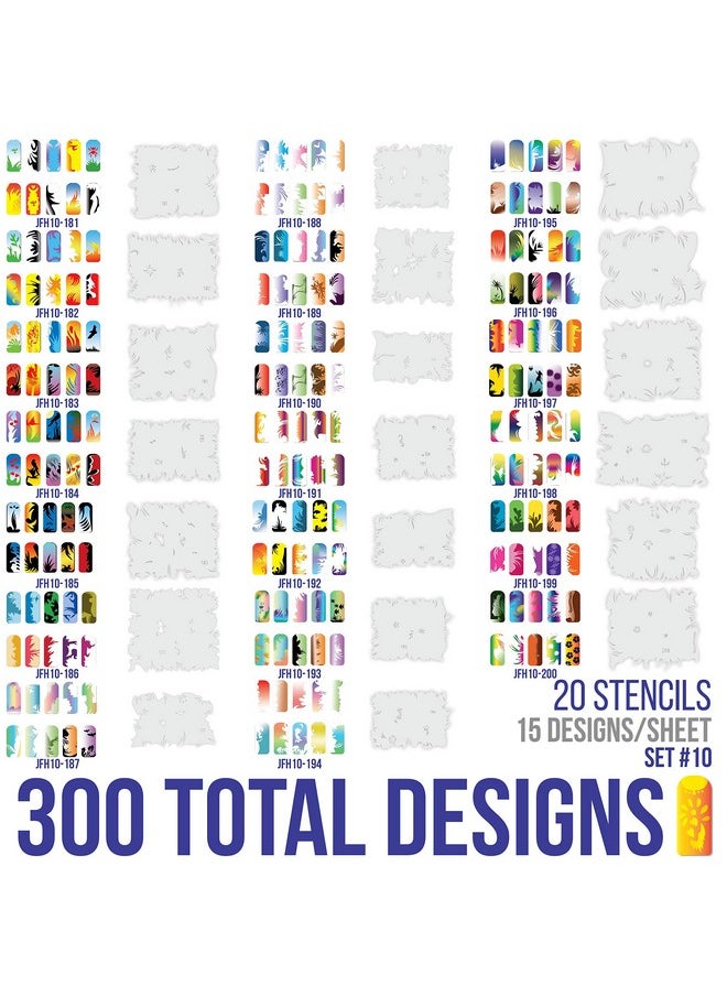 Custom Body Art Airbrush Nail Stencils - Design Series Set # 10 Includes 20 Individual Nail Templates with 20 Designs Each for a Total of 400 Designs of Series #10