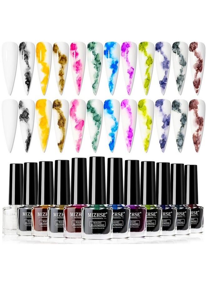 MIZHSE Marble Nail Polish, Marble Ink for Nails Gel Blooming Gel Nail Polish 12 Colors Nail Ink Magic Watercolor Pink Blue Purple Blossom Gel for Manicure Nail Varnish Art Flower Design