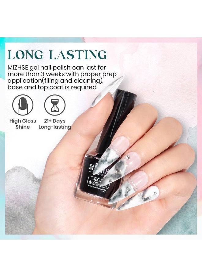 MIZHSE Marble Nail Polish, Marble Ink for Nails Gel Blooming Gel Nail Polish 12 Colors Nail Ink Magic Watercolor Pink Blue Purple Blossom Gel for Manicure Nail Varnish Art Flower Design
