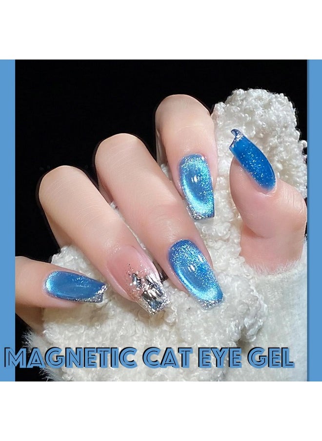 AHAMIOU Crystal Cat Eye Gel Polish Kits Magnetic Nail Polish Set Holographic Cats Eyes Gel Nail Polish Shiny Diamond Glitter Gel with Magnet Stick (Diamond Blue)