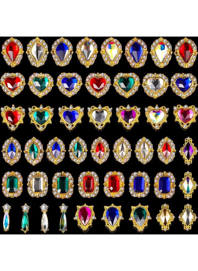 Leelosp 48 Pieces 3D Nail Art Charms Nails Charms Gems Rhinestones Colorful AB Iridescent Nail for Acrylic Nails Large Rhinestones Heart Drop Mix Size Diamond Nail Beauty Accessories