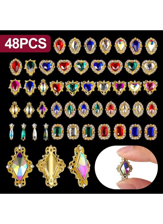 Leelosp 48 Pieces 3D Nail Art Charms Nails Charms Gems Rhinestones Colorful AB Iridescent Nail for Acrylic Nails Large Rhinestones Heart Drop Mix Size Diamond Nail Beauty Accessories