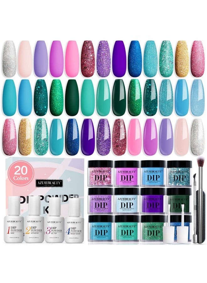 AZUREBEAUTY 29 Pcs Dip Powder Nail Kit Starter, 20 Colors Glitter Nude Green Mermaid Serie Dip Powders Liquid Set with Base Top Coat Activator French Nails Art Manicure DIY Salon Christmas Gift