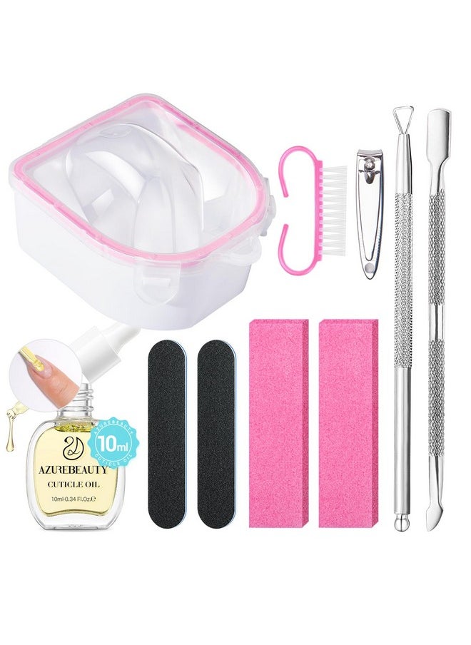 AZUREBEAUTY Nail Soaking Bowl, Soak Off Dip Powder Gel Polish Remover, Manicure Bowl for Hand with 15ml Cuticle Oil Cuticle Remover Tools, Nail Brush, Cuticle Pusher, Cuticle Peeler, Nail File Buffer