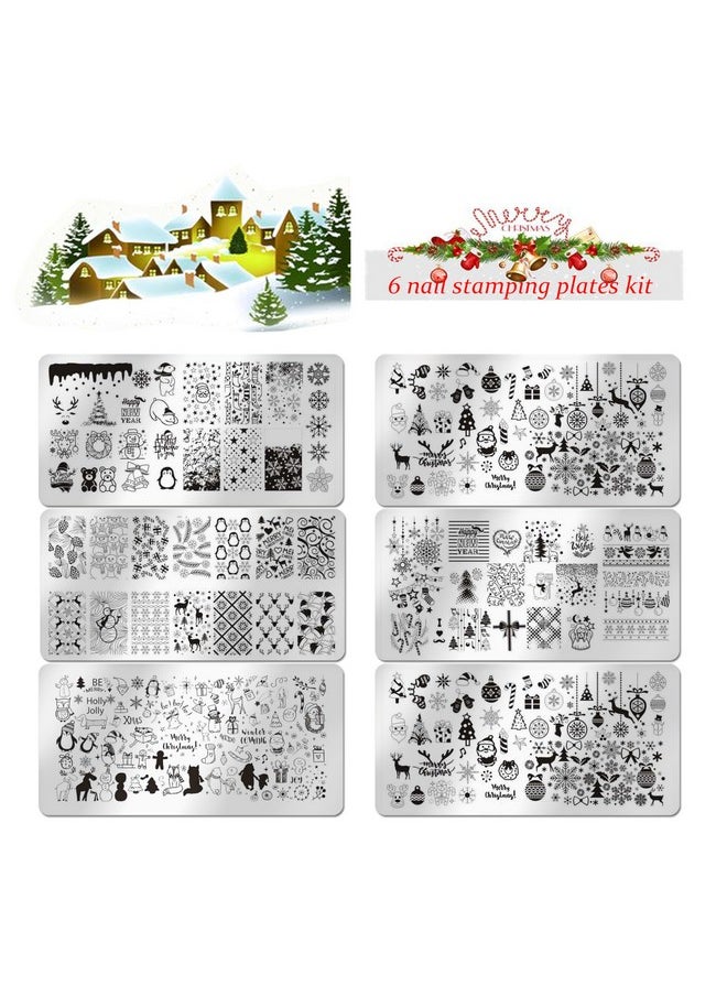 JERCLITY 6pcs Christmas Nail Stamping Plate Snowflake Santa Claus Christmas Tree Elk Image Pattern Nail Art Stamping Kit for Nails