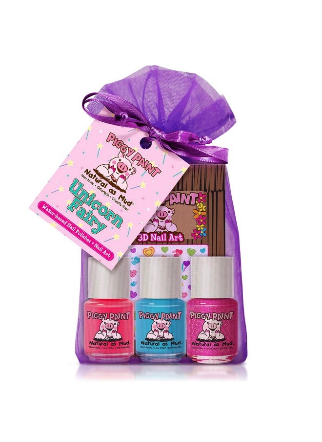 Piggy Paint | 100% Non-Toxic Girls Nail Polish | Safe, Cruelty-free, Vegan, & Low Odor for Kids | Unicorn Fairy (3 Polish + Nail Art Gift Set)
