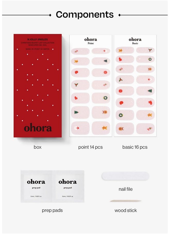 ohora Semi Cured Gel Nail Strips (N Jolly Jingles) - Works with Any Nail Lamps, Salon-Quality, Long Lasting, Easy to Apply & Remove - Includes 2 Prep Pads, Nail File & Wooden Stick