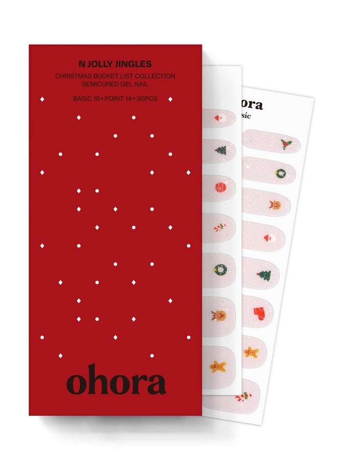 ohora Semi Cured Gel Nail Strips (N Jolly Jingles) - Works with Any Nail Lamps, Salon-Quality, Long Lasting, Easy to Apply & Remove - Includes 2 Prep Pads, Nail File & Wooden Stick