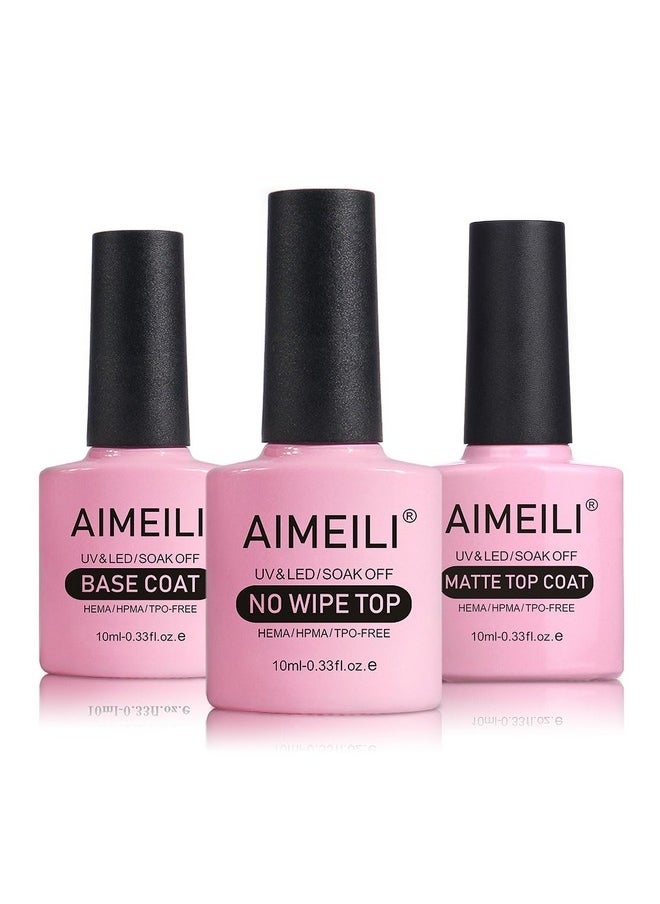 AIMEILI Soak Off U V LED Hema Free Gel Nail Polish - Base Coat, Matte Top and No Wipe Top Coat Kit Set 10ML