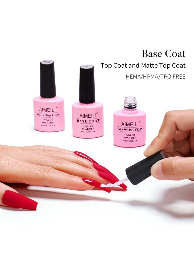 AIMEILI Soak Off U V LED Hema Free Gel Nail Polish - Base Coat, Matte Top and No Wipe Top Coat Kit Set 10ML