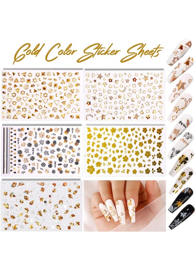 Teenitor 12 Sheets Nail Art Sticker 3D Self-Adhesive, Nail Art Decoration with 5 Boxes Holographic Nail Art Glitter Flakes Butterfly Heart Star Maple Leaf Nail Sequins and Nail Art Flower Slices