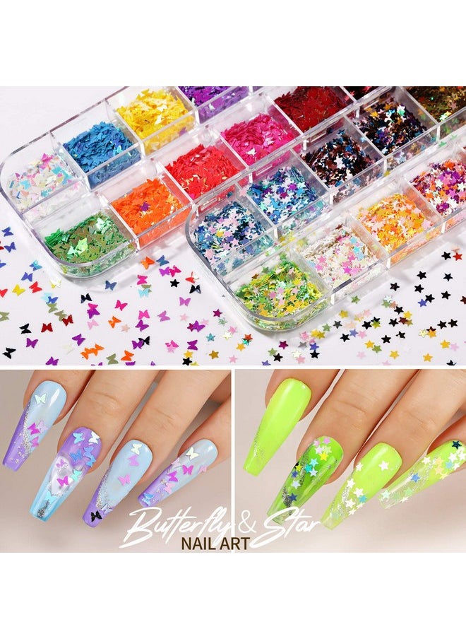 Teenitor 12 Sheets Nail Art Sticker 3D Self-Adhesive, Nail Art Decoration with 5 Boxes Holographic Nail Art Glitter Flakes Butterfly Heart Star Maple Leaf Nail Sequins and Nail Art Flower Slices