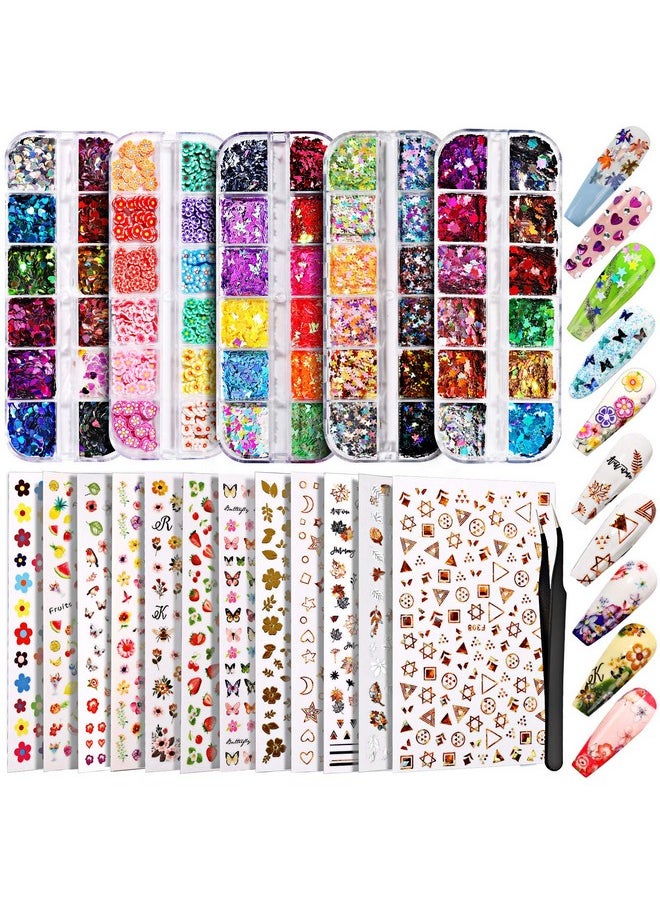 Teenitor 12 Sheets Nail Art Sticker 3D Self-Adhesive, Nail Art Decoration with 5 Boxes Holographic Nail Art Glitter Flakes Butterfly Heart Star Maple Leaf Nail Sequins and Nail Art Flower Slices