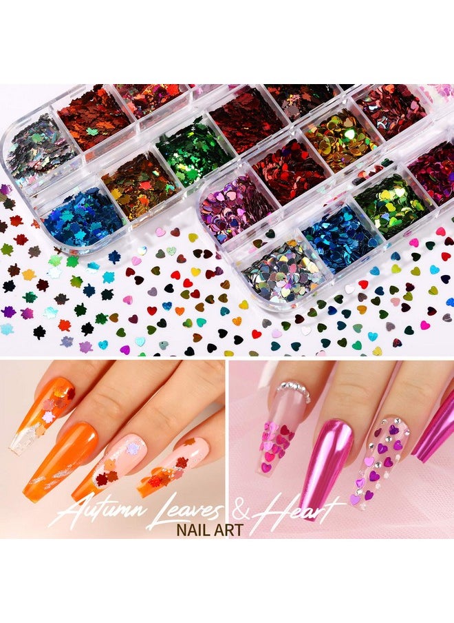 Teenitor 12 Sheets Nail Art Sticker 3D Self-Adhesive, Nail Art Decoration with 5 Boxes Holographic Nail Art Glitter Flakes Butterfly Heart Star Maple Leaf Nail Sequins and Nail Art Flower Slices