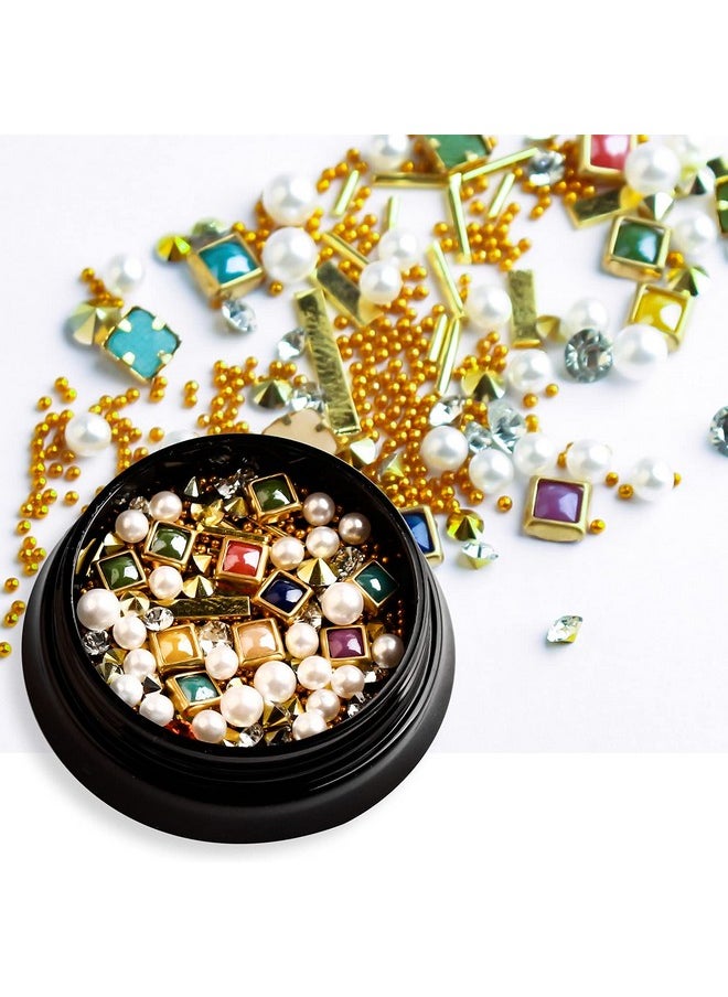 SILPECWEE 6 Boxes 3D Nail Art Decoration Metal Nail Studs Pointed Back Diamond Gold Beads Manicure Jewels with 1Pc Tweezers and Picker Pencil