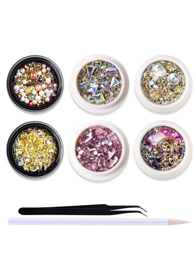 SILPECWEE 6 Boxes 3D Nail Art Decoration Metal Nail Studs Pointed Back Diamond Gold Beads Manicure Jewels with 1Pc Tweezers and Picker Pencil