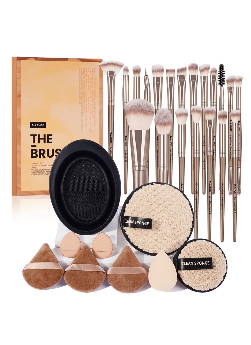 MAANGE Makeup Brushes, 29 Pcs Professional Premium Synthetic Makeup Brush Set, Foundation Eyeshadow Brush Travel Make up Brushes Set (Champagne)