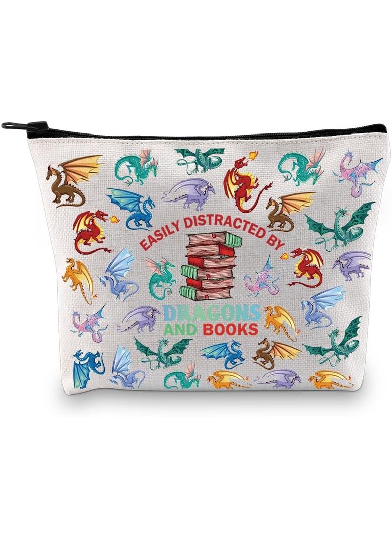 PXTIDY Book Lover Makeup Bag Wings Dragon Novel Lover Gift Easily Distracted By Dragons And Books Cosmetic Bag